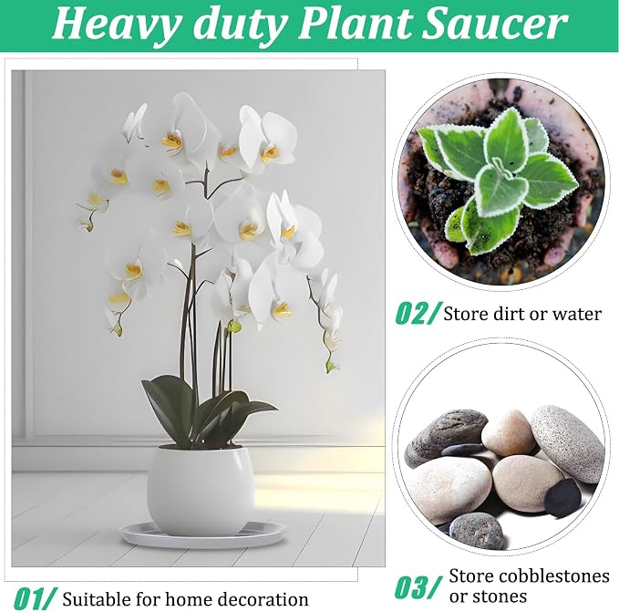 Eccliy 6 Pack Plastic Plant Saucer Heavy Duty Planter Saucers Large Plant Pot Saucers Plastic Water Trays for Indoors and Outdoors Flower Plant Plant Drip (White,25 Inch)
