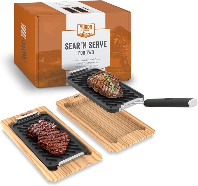 Yukon Glory Cast Iron Grill Pan Set | 2 Grooved Cast Iron Pans, Wooden Serving Trays & Clip-On Handle | Grill to Table | Gas, Charcoal & Campfire