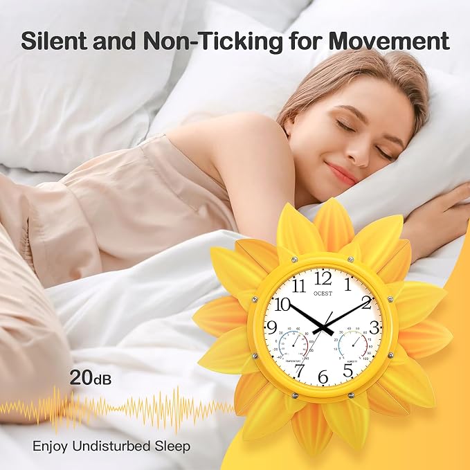 OCEST 24 Inch Outdoor Wall Clock, Waterproof Sunflower Clock with Thermometer & Hygrometer, Silent Non-Ticking Metal Petal Design for Patio, Garden, Pool, Garage