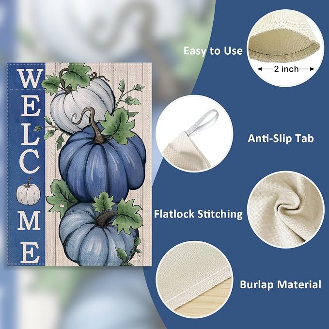 Welcome Fall Pumpkins Decorative House Flag, Autumn Blue White Pumpkin Farmhouse Garden Yard Outside Decorations, Thanksgiving Rustic Burlap Outdoor Large Home Decor Double Sided 28 x 40