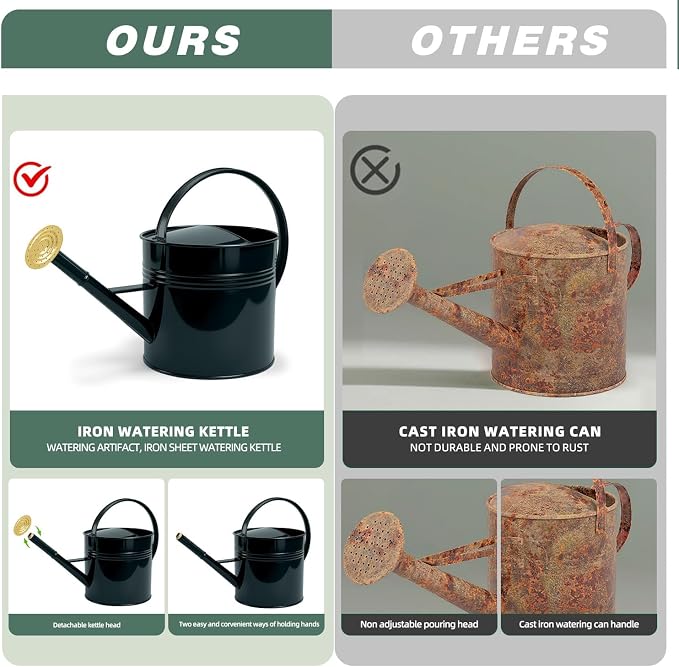 LONGRUN 2.5 Gallon Dark Green Metal Watering Can for Plants and Garden with Removable Spout, Made of Galvanized Iron