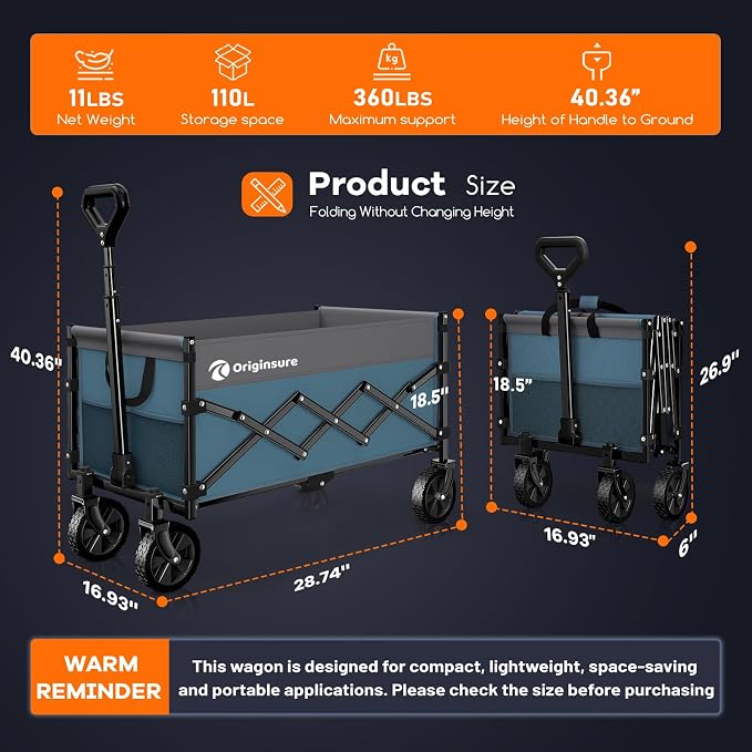 Originsure Collapsible Wagon Cart Foldable - Lightweight Portable Heavy Duty Folding Beach Wagons with Wheels - Outdoor Utility Carts for Grocery, Camping, Shopping with Large Capacity - Grey&Blue