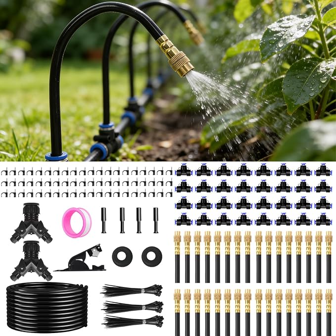 200FT Drip Irrigation System, 2026 Upgrade Garden Watering Kit with 32pcs 360° Adjustable Copper Nozzles, High-Flow DIY Sprinkler System for Large Gardens, Farms, Greenhouses, Lawns (200 ft)