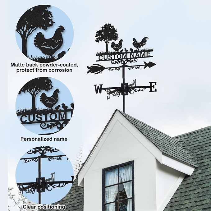 Personalized Metal Weather Vane, Custom Name Weathervane, Chicken Coop Signs, Weather Vanes for Outside, Wind Vanes for Farmhouse Yard Shed Decor, Housewarming Gifts Color09