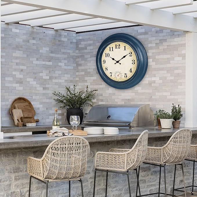 Large Outdoor Clocks Waterproof with Thermometer Combo Rustic Coastal Wall Clock Decor for Patio Pool Bathroom (18 Inch,Blue)
