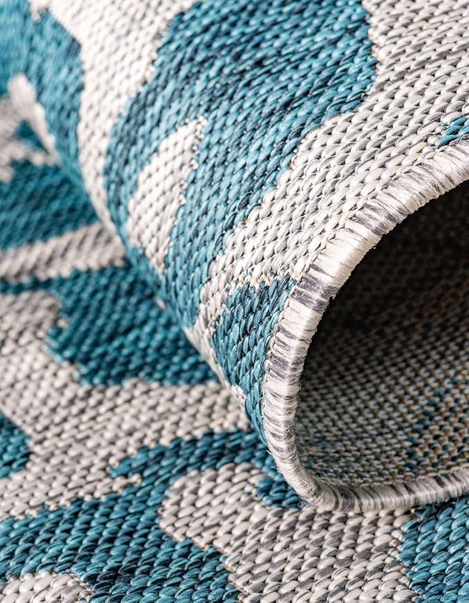 Unique Loom Outdoor Safari Collection Area Rug - Leopard (13' Square, Teal/ Ivory)