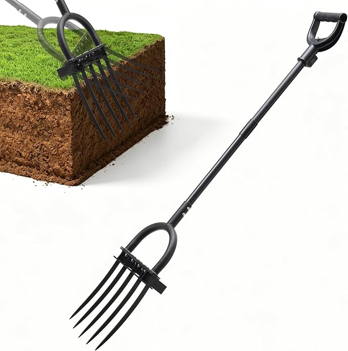 Broad Fork Garden Tool, 50” Heavy Duty Broadfork Hand Tiller with Double 5 Sharp Tines, Garden Pitchfork with Ergonomic D-Shaped Handle, Spading Digging Fork for Compost Soil Cultivating Loosening