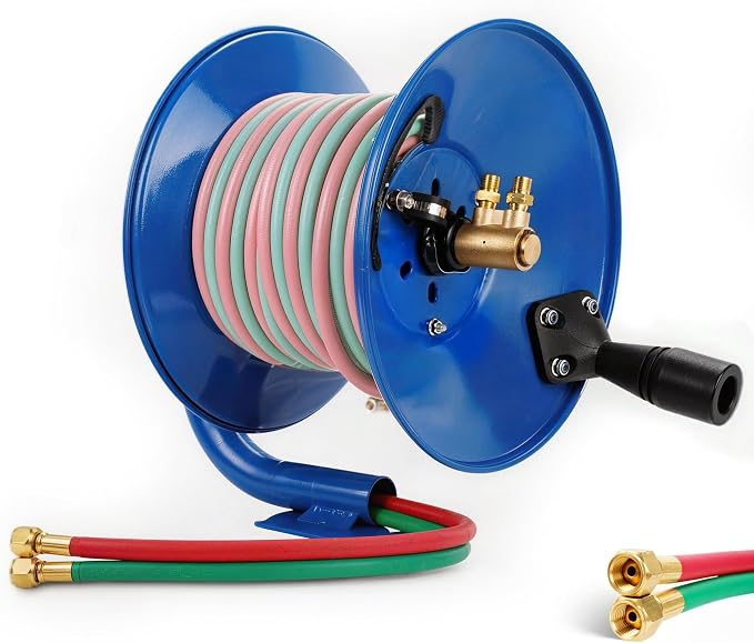 Blue Manual Twin Welding Hose Reel - Holds 100 ft of 3/8" or 1/4" Gas Hose, Universal Mounting Bracket for Wall, Ceiling or Cart (Hose Not Included)