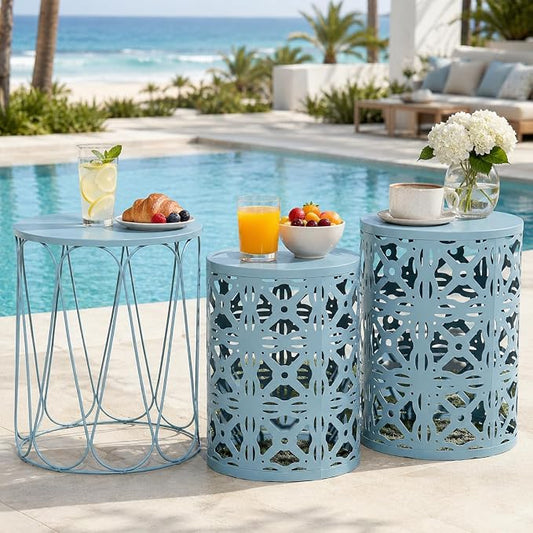 Y&M Outdoor Side Tables Set of 3, Round Metal Stacking Patio Side Tables, Indoor & Outdoor End Tables, Decorative Garden Stool Plant Stand for Patio, Garden, Balcony, Porch, Light Blue