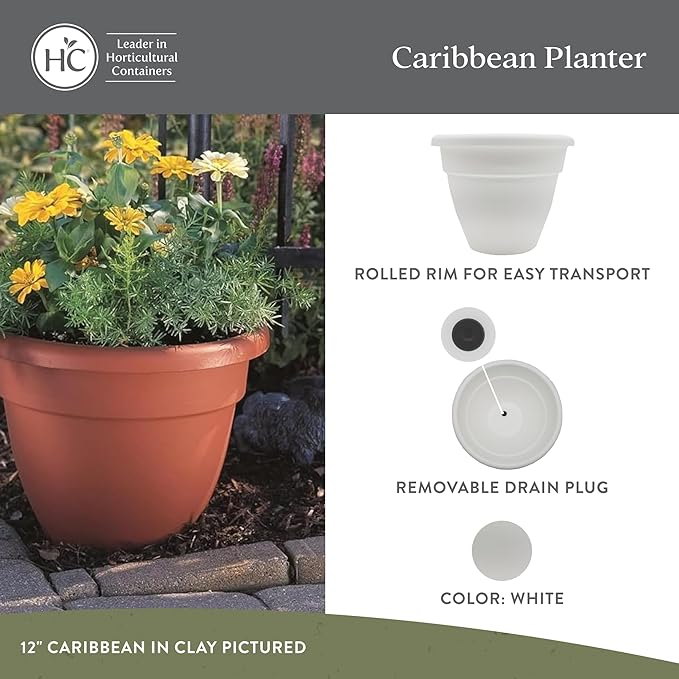 The HC Companies 14 Inch Caribbean Planter Pots with Drainage & Plug, Rolled Rim Plastic Planters for Indoor & Outdoor Plants, 2-Pack Decorative Flower Pots for Garden, Office & Home Decor, White