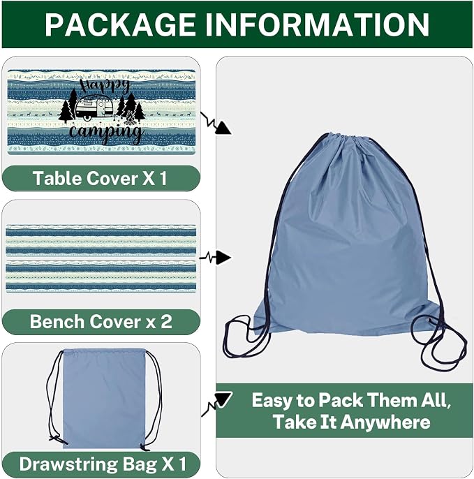 Picnic Table Cover with Bench Covers Elastic Edges, Forest Camper Fitted Table Cover, Outdoor Camping Essentials 72 Inch 3PCS, Waterproof Camping Fitted Tablecloth with Drawstring Bag