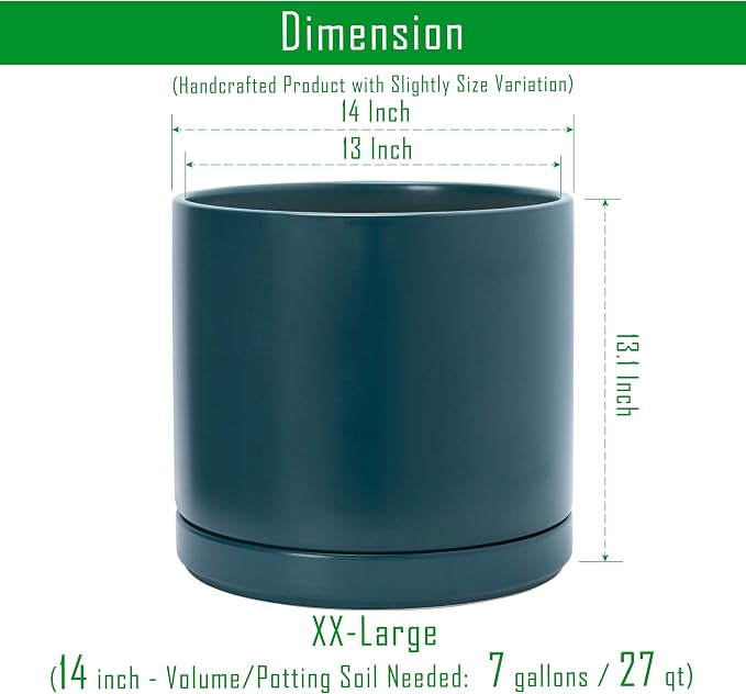 D'vine Dev 14 Inch Ceramic Planter Pot with Drainage Hole and Saucer, Indoor Cylinder Round Planter Pot, Teal, 94-O-G-9