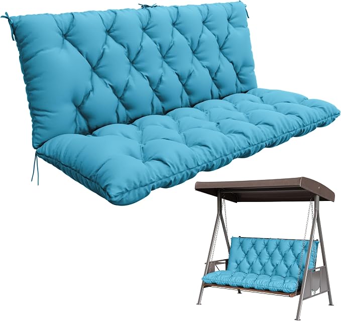 Porch Swing Cushion with Backrest,Waterproof Bench Cushion for Outdoor Furniture,2-3 Seater Replacement Thickened 5 in swing cushion,with Ties,Patio,Outdoor,Backyard and Garden (Lake Blue,60x40 in)