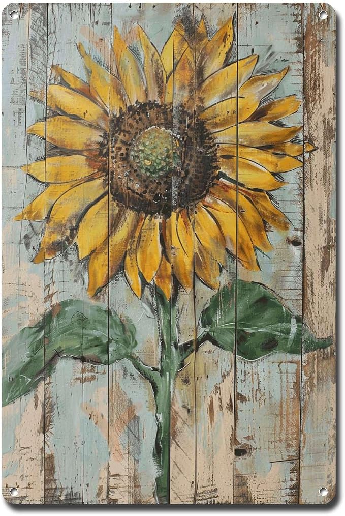 Metal Sign Tin Sign Vintage Wall Art Bright Yellow Sunflower Tin Sign for Vintage Shabby Chic Interiors Weathered Texture Displays and Home Deccor Store Home Decor for Bar 6×8 Inches