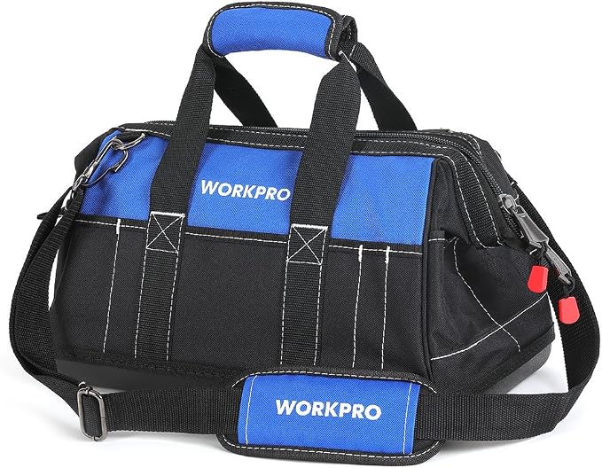 WORKPRO 16-inch Wide Mouth Tool Bag with Water Proof Molded Base | Multi-Pocket, Heavy Duty Cloth, Adjustable Shoulder Strap, Double-pull Zipper, For Workshops, Outdoor Projects