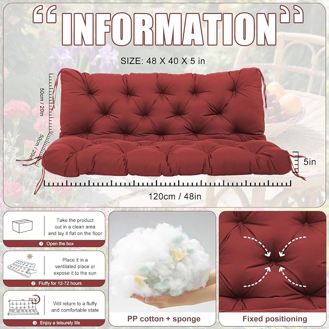 Porch Swing Cushions 2 Seater Replacement Thicken 5" Waterproof Swing Cushions for Outdoor Furniture Bench Patio Swing Cushion with Backrest & Ties(Wine Red 48x40x5inch)