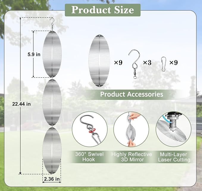 CHONOVO 9 Discs 3 Pcs Bird Deterrents for Outside, Bird Repellent Device | 3D Reflective Stainless Steel Wind Spinner, 360° Rotating for Patio, Yard, Garden & Orchard, Help Deter Pigeon& Sparrow