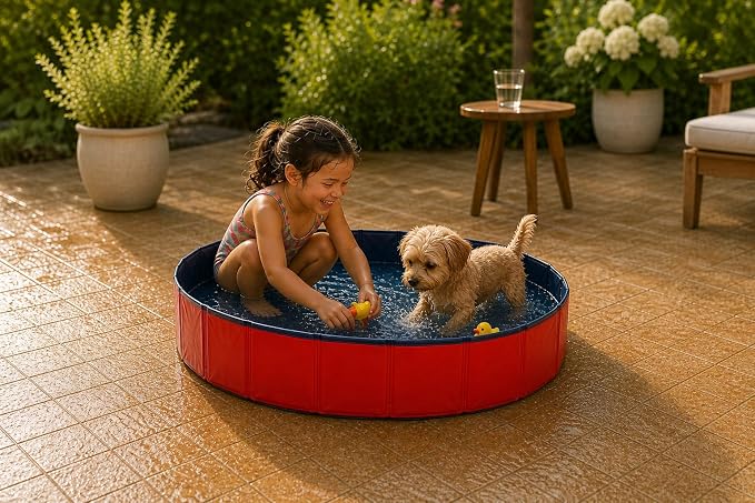 lionto Foldable Dog Pool Made of Scratch-Resistant PVC Material, Ø 31,5 in, Height 7,9 in, Anti-Slip Coating & Drain Plug for Quick Emptying, no Pump Required, Robust Children's Pool, Blue/red