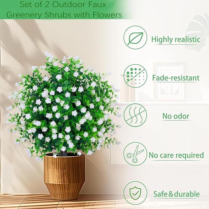 THKFUL Artificial Flower Ball Topiary Trees Outdoor Set of 2 - White Boxwood Ball Fake Plants with Ground Spike,23" Realistic Faux Shrubs UV Resistant for Front Pathway Porch Window Box Decor