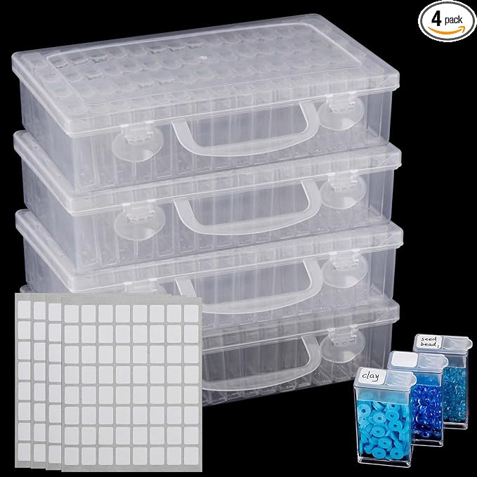 4 Pack 64 Grids Diamond Art Storage, Diamond Art Storage Containers, Bead Organizer with Diamond Painting Accessories Stickers, Beads Organizer for DIY Art Craft Storage