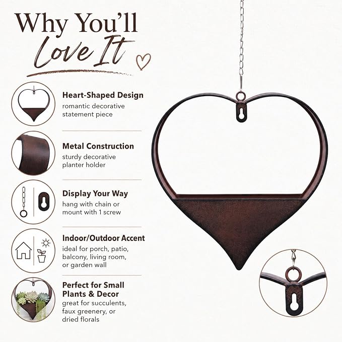 Metal Hanging Planters for Indoor & Outdoor Plants - Heart Shaped Planters for Wall or Window,Garden Patio or Indoor Decor for Women(Cooper)