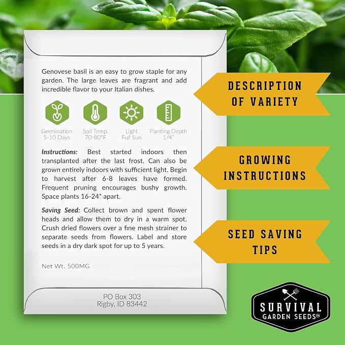 Genovese Basil Seeds for Planting – Survival Garden Seeds (1 Pack) | Sweet Italian Herb for Pesto & Culinary Dishes – High Germination Heirloom, Non-GMO Seed for Growing Indoors or Outdoors