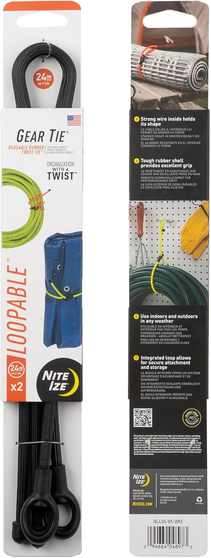 Nite Ize Gear Tie Loopable Twist Tie - Reusable & Flexible Twist Ties - Bendable Cable Ties for Gear & Cords - Loopable for Secure Fastening - 24", Black (3 Pack)
