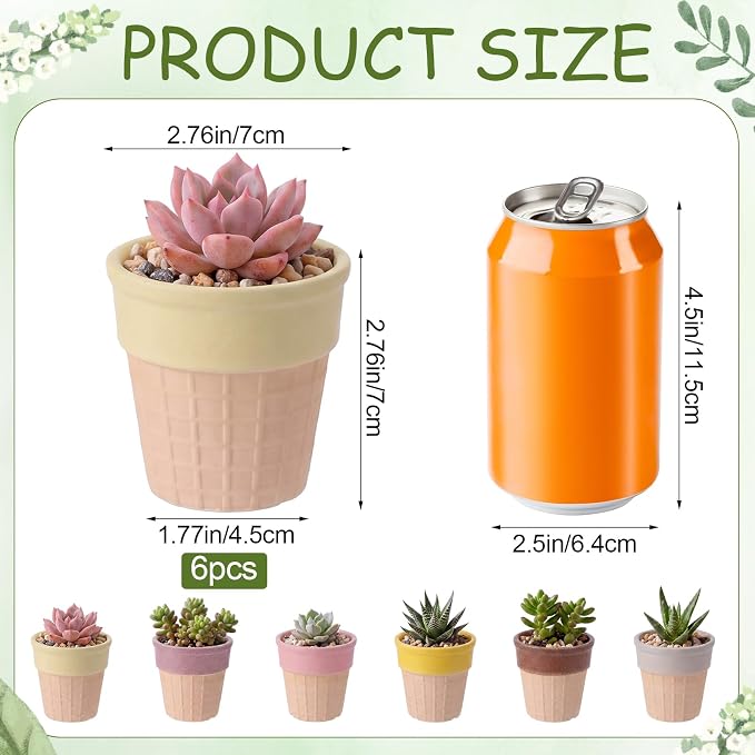 6 Pcs Ice Cream Cone Flower Planter 6 Assorted Colors 2.8 Inch Small Ceramic Pots for Mini Plant Succulent Cactus Flower Tillandsia Air Fern Home Office Desktop Decor
