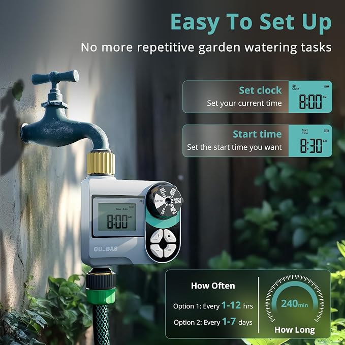 QUOBAS Brass Sprinkler Timer, Programmable Water Hose Timer for Garden Hose Faucet with Waterproof HD Screen, Rain Delay/Manual/Automatic Irrigation Watering System for Garden, Lawn, Yard