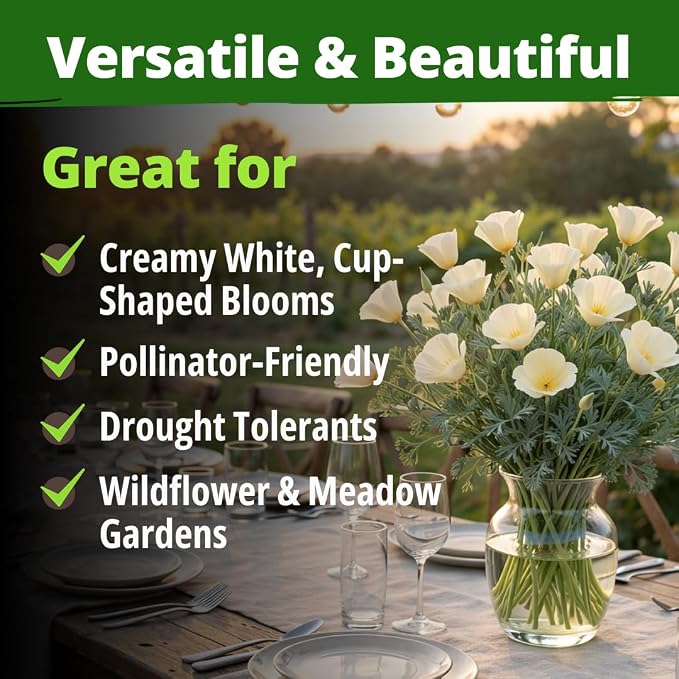 HOME GROWN California Poppy Ivory Castle 2500 Seeds 3.3g 2026 Spring Flower Seeds for Planting Outdoors, California Poppies, Bulk Perennial Self-Seeding Flower Seeds (Eschscholzia Californica)