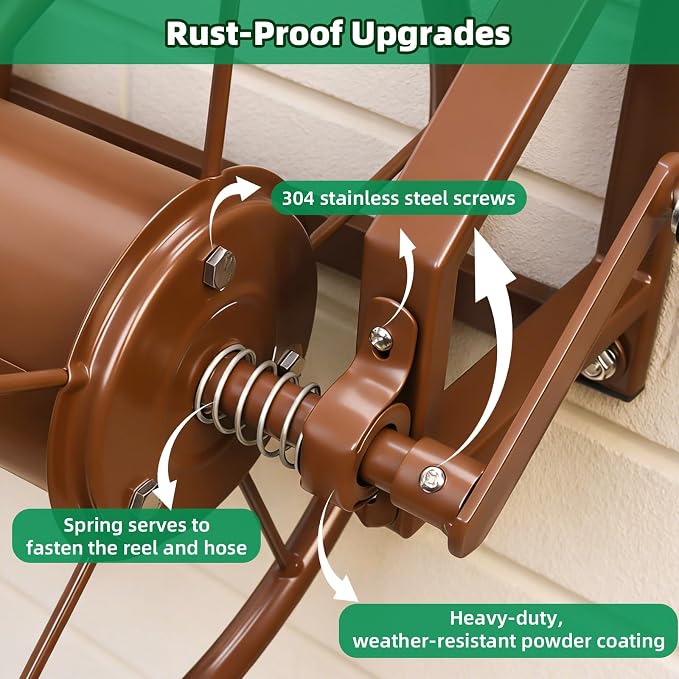 Wall Mount Garden Hose Reel, Heavy Duty Metal Holds 155ft 5/8" Hose | Solid Brass Fittings, No Leaks, Rust-resistant. Space-saving Wall Mount for Outside, Lawn, Yard.Easy Install & Rolls Smoothly