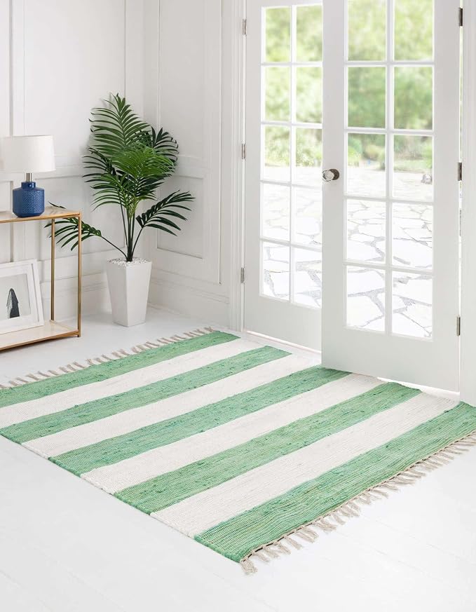 Unique Loom Chindi Rag Collection Area Rug - Striped (7' 10" Square, Green and Ivory)