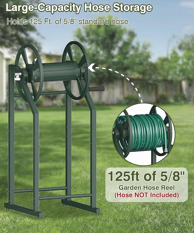 4-Spike Garden Hose Reel with 3.9ft Leader Hose & Stainless Fitting, Outdoor Hose Holder holds 125ft Hose of 5/8", Freestanding Metal Hose Stand for Outside Yard Lawn, Green