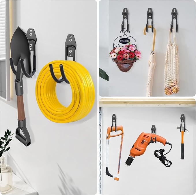 Garage Hanging Hooks Wall Mount, Garage Tool Storage Hooks, Wall Hangers for Hose, Tools, Garden Equipment, Ladder, Bikes, Broom and mop, Black