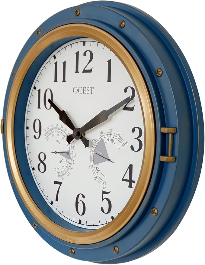 OCEST 16 Inch Indoor Outdoor Clock, Waterproof Wall Clock with Thermometer Hygrometer, Silent Non-Ticking Battery Operated Decor for Home Decor, Patio(Blue)