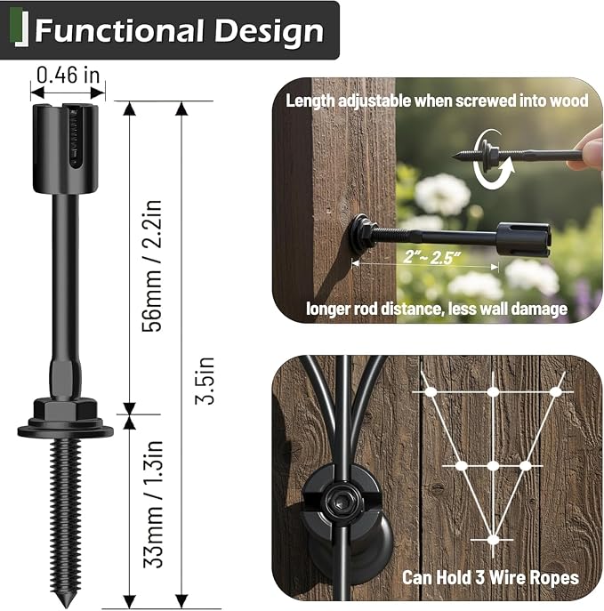 Wire Trellis Kit 20-Set 5/64” Black Crosshead w/Cutter&98ft Cable | T316 PVD black stainless steel hubs, vinyl coated cable, wall wire trellis system for outdoor climbing plants