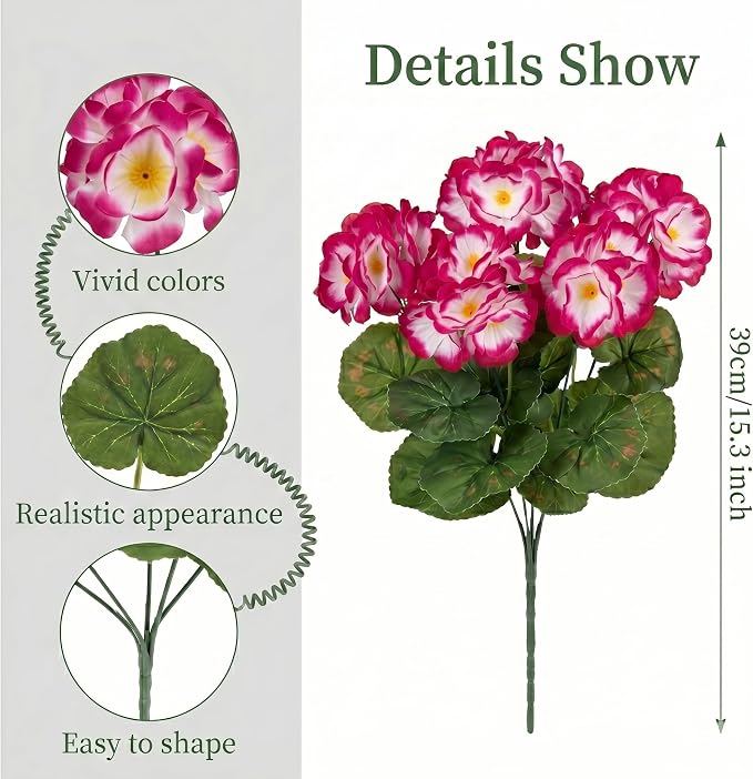 12 Pcs Artificial Geranium Flowers for Outdoor, UV Resistant Geraniums Artificial Flowers Realistic Faux Flowers Outdoor for Planters Outside Porch Garden Decor (15.3", Gradient Rose Red)