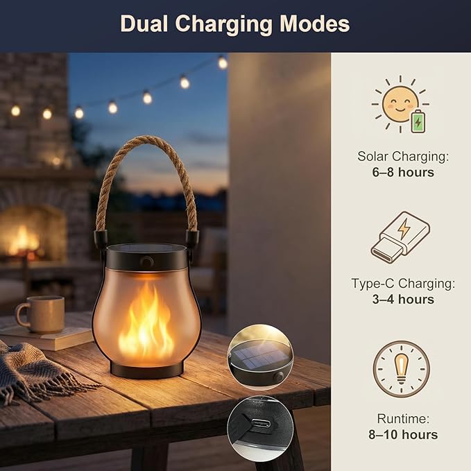 Solar Lanterns Outdoor Waterproof 8 Pack, Outdoor Solar Lanterns with Flickering Flame Effect, USB-C & Solar Charging, Auto Dusk to Dawn, Hanging Light for Garden Patio Yard