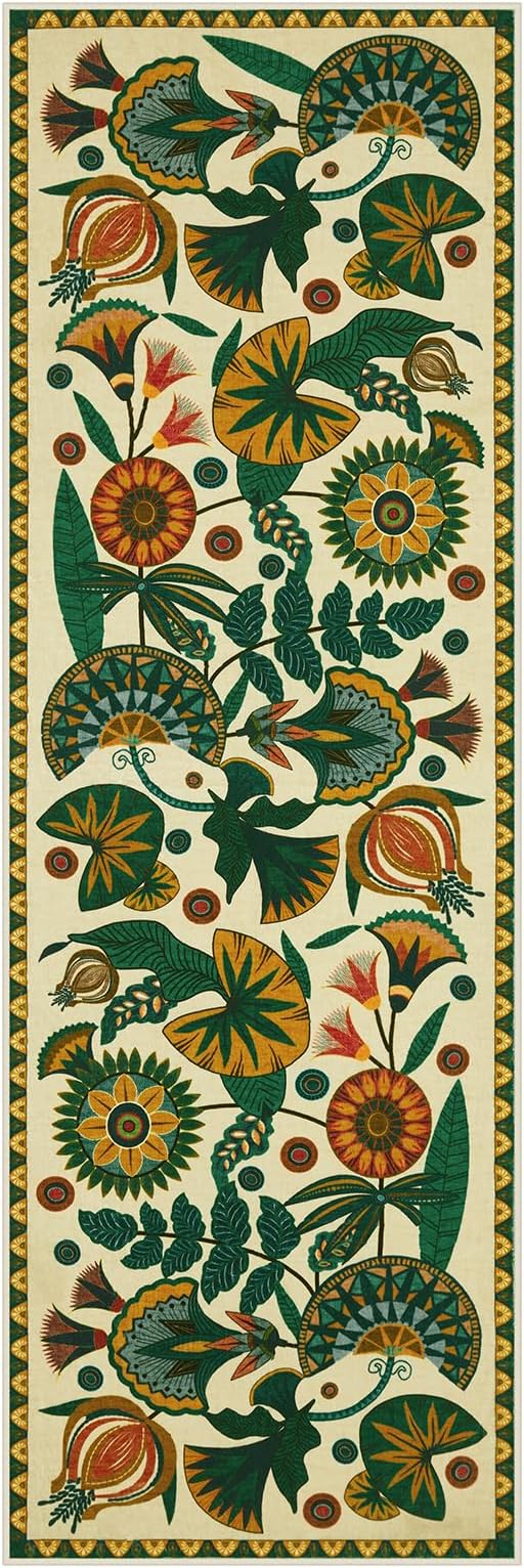 Joydeco Egypt Floral Washable 2x6 Rug Runners for Hallways Entryway Kitchen | Boho Botanical Colorful Non Slip Stain Resistant Low Pile Flower Indoor Carpet Runner for Entry Laundry Room Bathroom, Beige