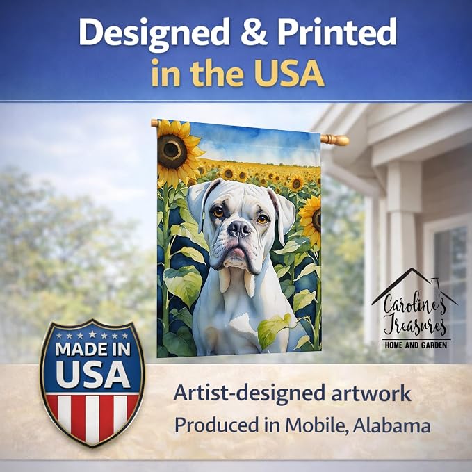 Caroline's Treasures DAC6038CHF Boxer in Sunflowers House Flag Large Porch Sleeve Pole Decorative Outside Yard Banner Artwork Wall Hanging, Polyester, House Size, Multicolor