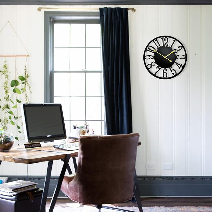 16 Inch Large Wall Clock, Black Metal Waterproof Outdoor Clock for Pool Area, Patio, Modern Farmhouse Wall Clock Silent Battery Operated for Living Room, Kitchen, Office