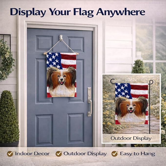 Caroline's Treasures CK6642GF Phalene Dog American Flag Garden Flag Mailbox Flag Decorative Yard Flag Banner Outside Patio Artwork Yard Flower Beds, Garden Size, Multicolor