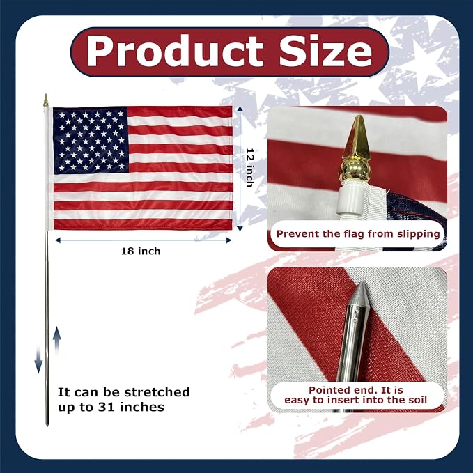 AMZFLAG 6 Pack Small American Flags on Stick 12x18 Inch for 250th Anniversary, Heavy Duty Mini Hand Held Handheld US USA Flags with Retractable Pole for 4th of July Outside Yard Garden Decorations