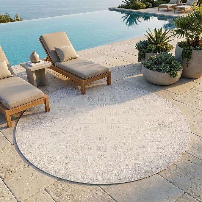 Unique Loom Outdoor Aztec Collection Area Rug - Coba (7' 10" Round, Light Gray/ Ivory)