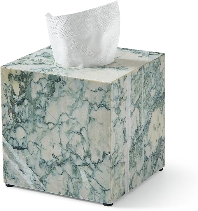 Real Natural Marble Tissue Box Cover, 5.5 Inch Square Marble Tissue Box Holder with Open Bottom, Heavy Stone Decorative Organizer for Bathroom Vanity, Kitchen Countertop, Luxury Home Décor
