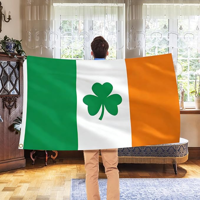 AhfuLife Irish Shamrock Flag Banner 3x5 Ft for St Patrick's Day Decorations, 1 Pc Large Ireland Shamrock Flag - Double Sided with Brass Eyelets for Irish National Day, Outdoor Indoor Garden Decor