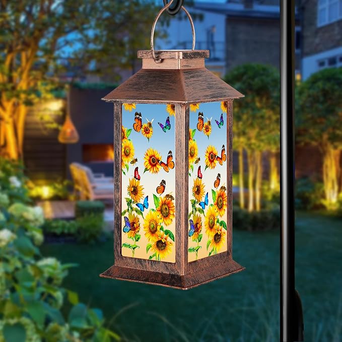 Sunflower Solar Lanterns Outdoor Waterproof Garden Decor Birthday Gifts for Women Mom Grandma Sister, Hanging LED Plastic Solar Lights Outside Decorative for Yard Patio Backyard Lawn Decorations