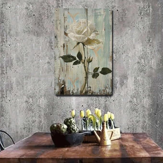 Metal Sign Tin Sign Vintage Wall Art Antique Rose Wall Art Tin Sign for Easy Installation Weather Resistant Design and Rustic Charm Metal Garden Signs for Pub 6×8 Inches