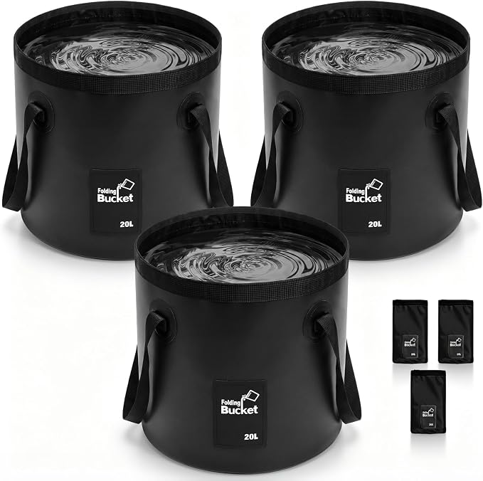 3 Pack 5 Gallon Collapsible Bucket, Foldable Water Bucket with Handles, Portable Camping Buckets for Fishing, Hiking, Cleaning, Outdoor & Travel Use (Black)