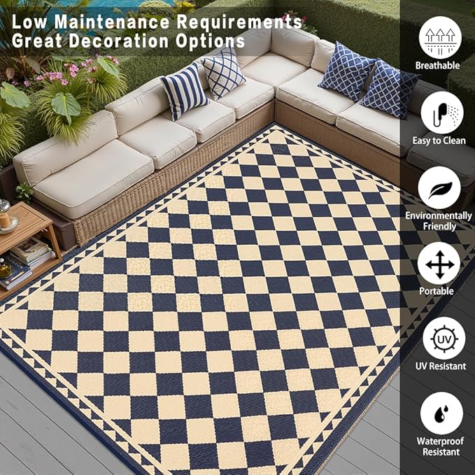 HUGEAR Outdoor Rug for Patios Clearance,Waterproof Mat,Large Outside Carpet,Reversible Plastic Straw Camping Rugs,Rv,Porch,Deck,Camper,Balcony,Backyard (9x12,Checkered/Black&Beige)
